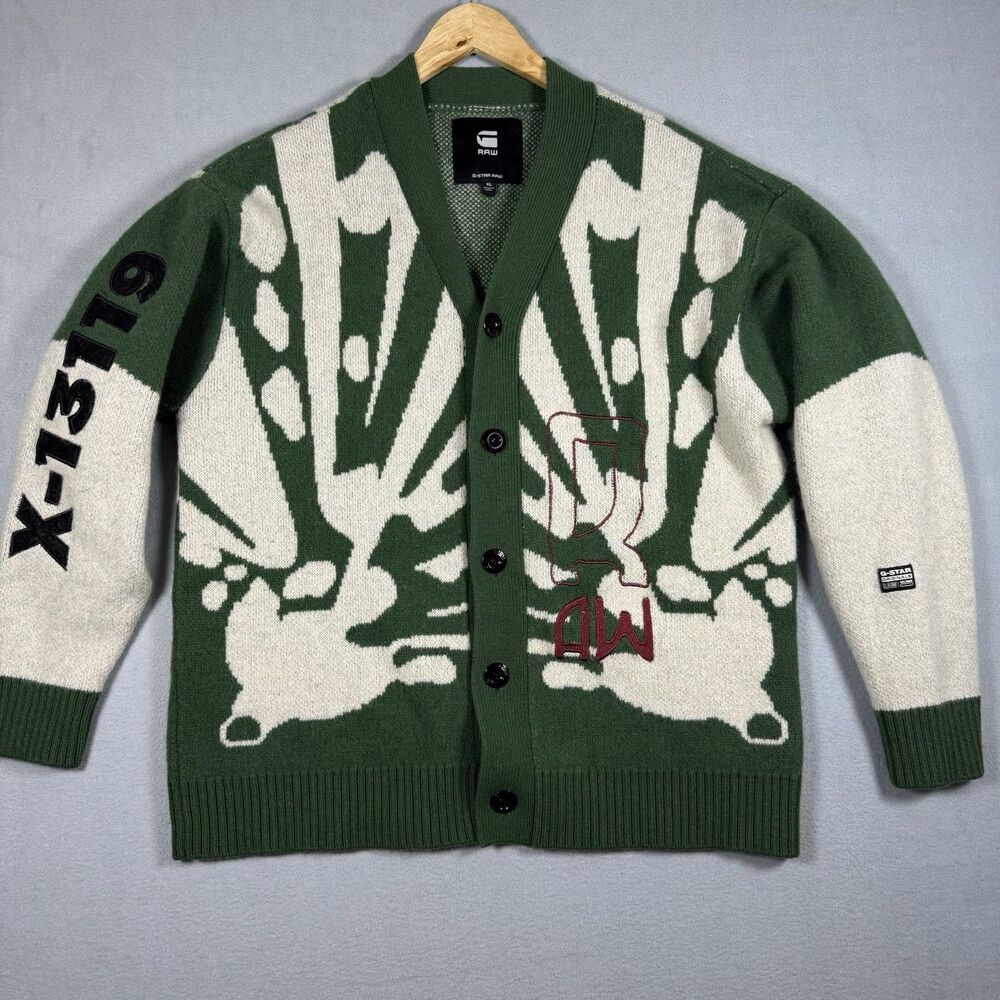 G-Star Raw Men's Cardigan XL Holiday Loose Knitted Green Cream X-13119 Sweater